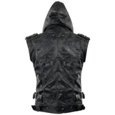 Classic Black Hooded Genuine Sheepskin Leather Vest Coat For Men